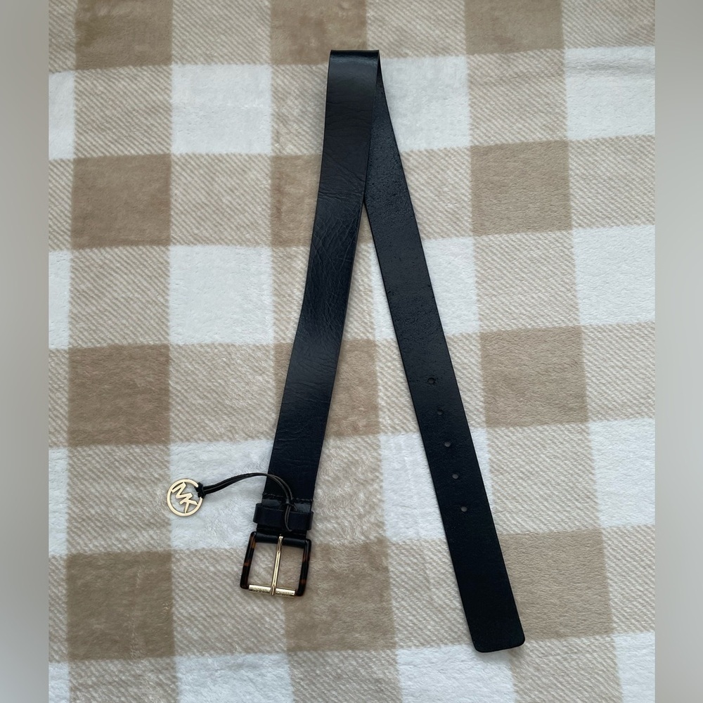 NWT Michael Kors Black Leather Belt with Brown, Black, and Gold Buckle and Charm